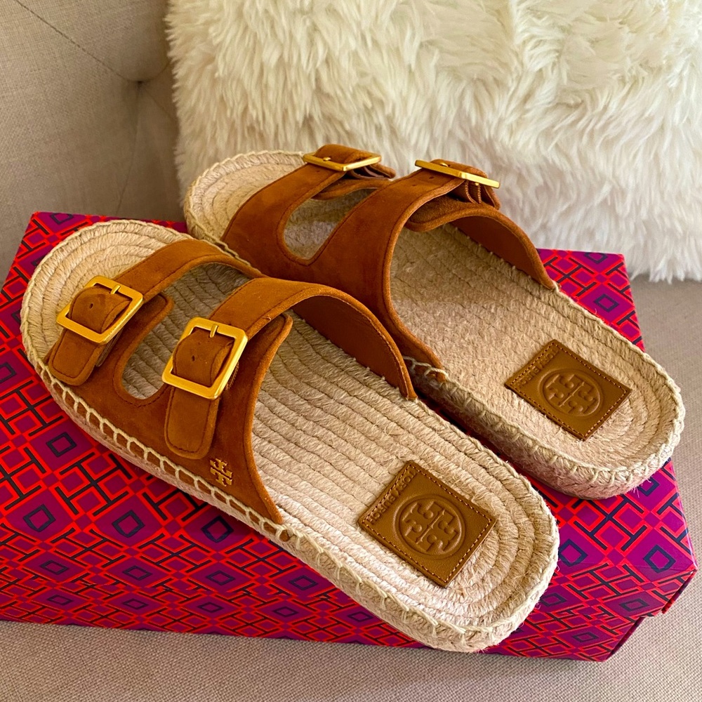 NEW Tory Burch Two Band Espadrille Slide Women's Leather Sandal Flats